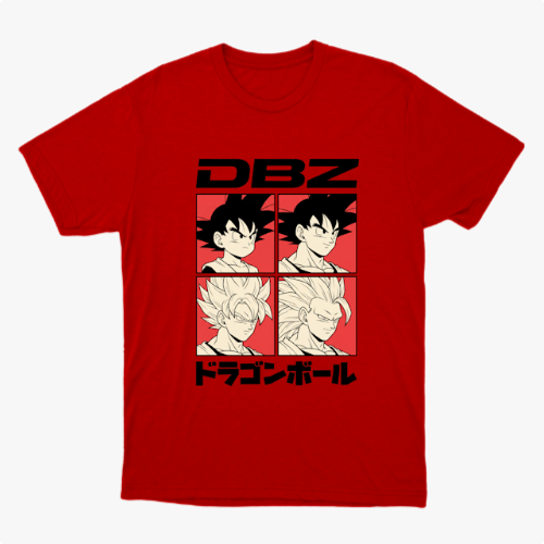 Camiseta com estampa frontal de quatro quadrados ilustrando personagens de cabelo arrepiado, acompanhados pelas letras "DBZ" acima e texto em japonês abaixo.
