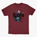Camiseta com estampa frontal de personagem sentado com cabelo branco e óculos escuros, acompanhado de texto estilizado em japonês e inglês.