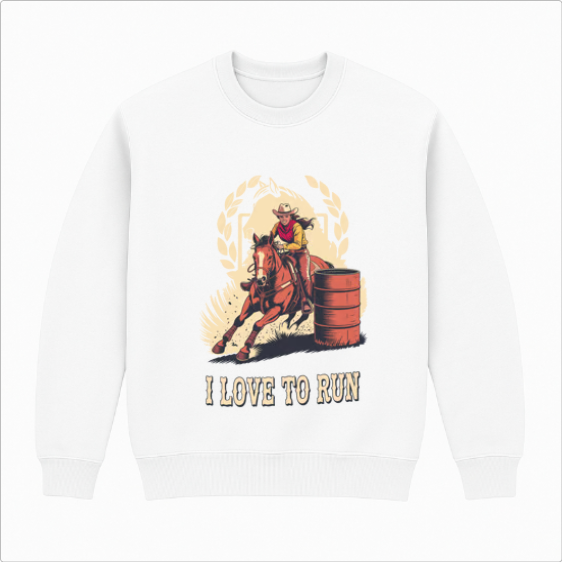 Moletom com estampa frontal de cavaleiro em cavalo contornando barril, rodeado por folhas e a frase "I Love to Run" em destaque.