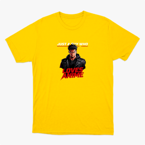 Camiseta com estampa frontal de personagem masculino estilizado usando jaqueta e texto "Just A Guy Who Loves Anime" em destaque.