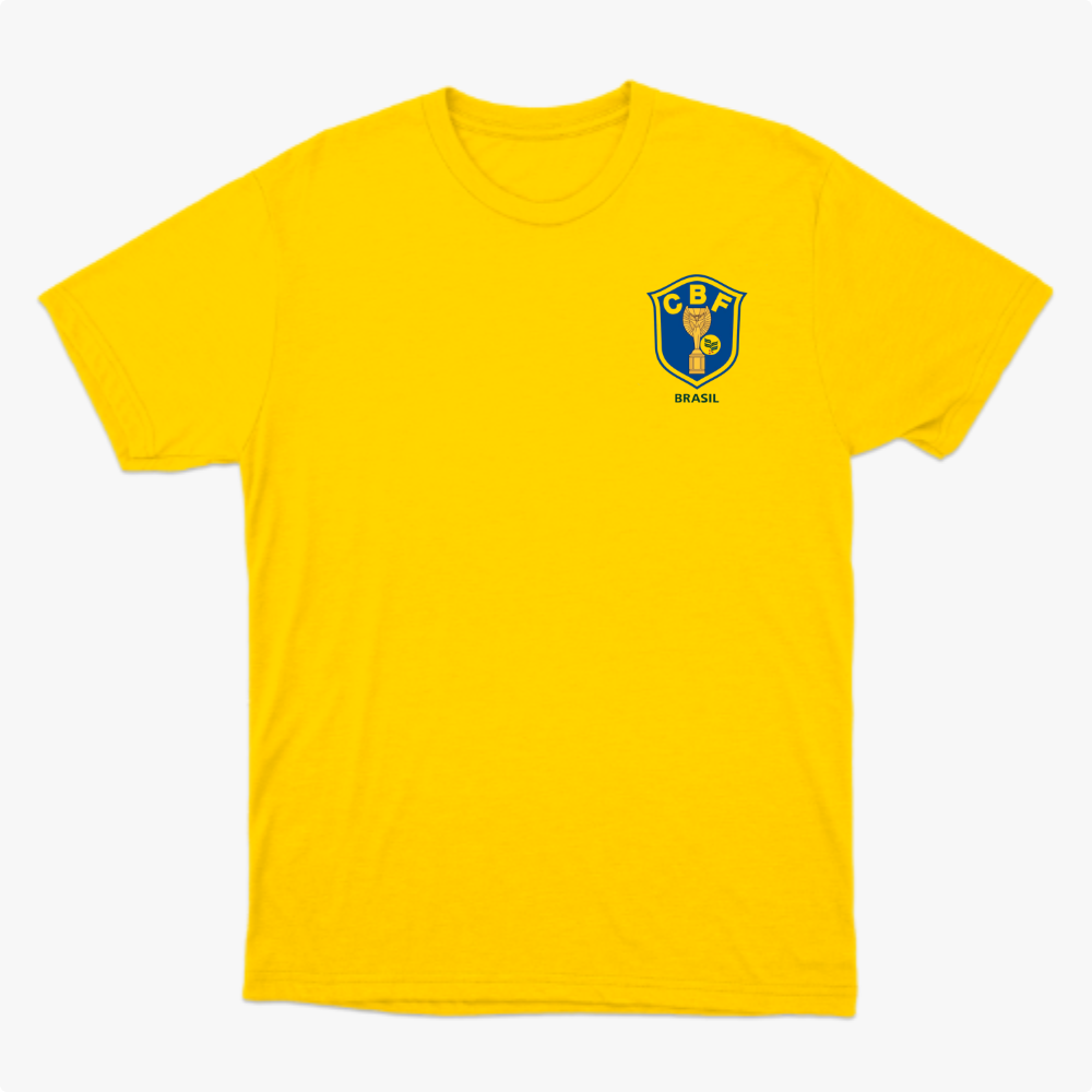 Camiseta com estampa frontal de escudo com a sigla "CBF" e estampa traseira de número grande "6" em estilo tridimensional.