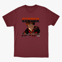 Camiseta com estampa frontal de personagem de anime com expressão intensa abaixo de texto grande e estilizado, incluindo título e caracteres japoneses.