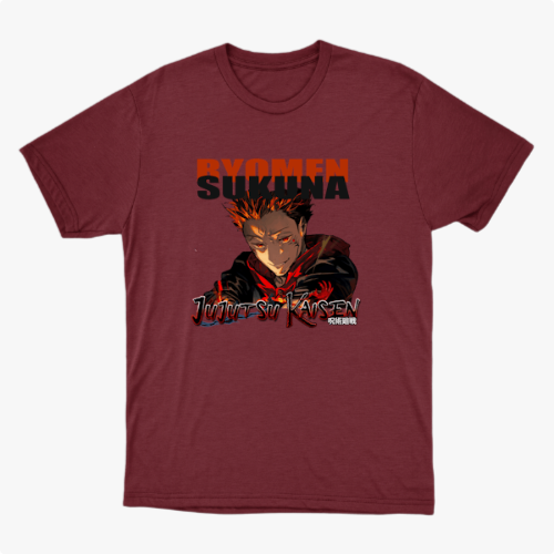 Camiseta com estampa frontal de personagem de anime com expressão intensa abaixo de texto grande e estilizado, incluindo título e caracteres japoneses.