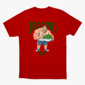 Camiseta com estampa frontal de um fisiculturista segurando uma tigela cheia de brócolis, com a palavra "Broccoli" em destaque acima dele.