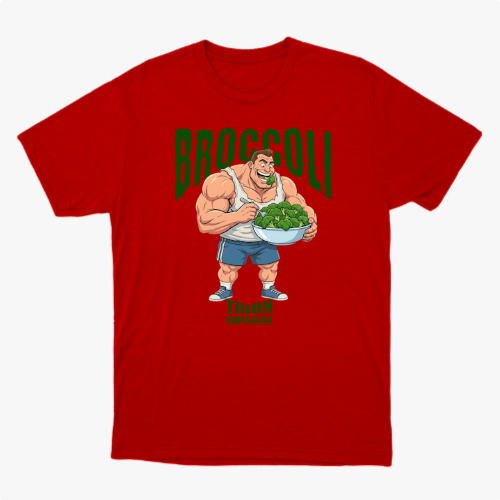 Camiseta com estampa frontal de um fisiculturista segurando uma tigela cheia de brócolis, com a palavra "Broccoli" em destaque acima dele.
