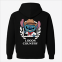 Moletom com estampa frontal de emblema circular com folhas e estampa traseira de personagem azul com chapéu, gravata vermelha e "LOGOS COUNTRY".