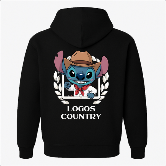 Moletom com estampa frontal de emblema circular com folhas e estampa traseira de personagem azul com chapéu, gravata vermelha e "LOGOS COUNTRY".