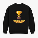Moletom com estampa frontal de troféu dourado e estampa traseira de troféu maior junto à frase "QUEM VENCER HERDARÁ TODAS ESSAS COISAS APOCALIPSE 21:7".