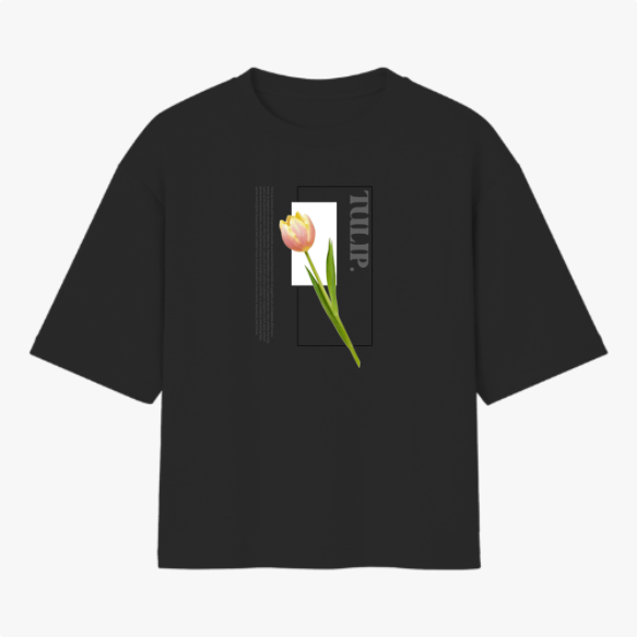 Camiseta com estampa frontal de uma tulipa em destaque, acompanhada pela palavra "TULIP" em letras maiúsculas e elementos geométricos complementares.