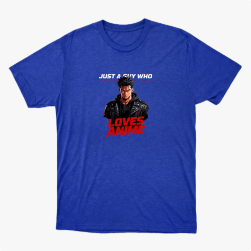 Camiseta com estampa frontal de personagem masculino estilizado usando jaqueta e texto "Just A Guy Who Loves Anime" em destaque.