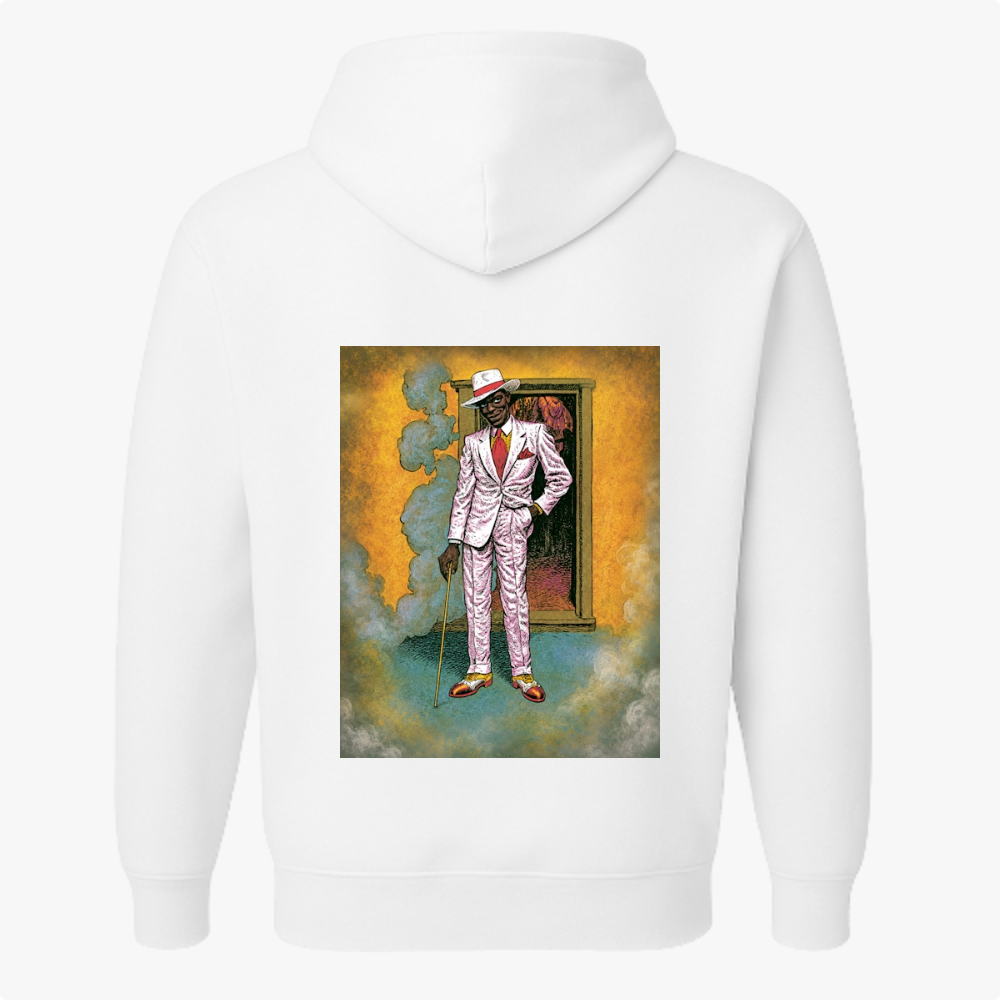 Moletom com estampa frontal de "Saravá" e detalhe de desenho, e estampa traseira de figura com terno rosa em frente a uma porta emoldurada por fumaça.