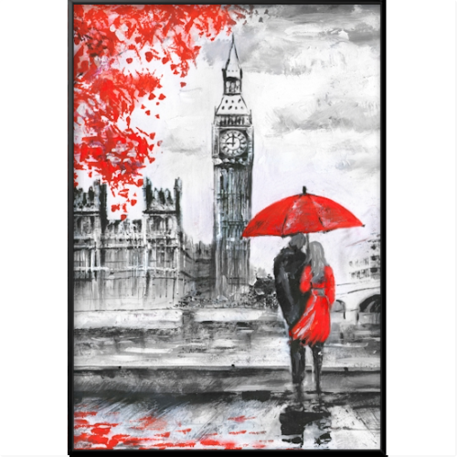 Quadro com estampa de casal com guarda-chuva vermelho em frente ao Big Ben, sobre uma paisagem urbana com folhas caindo ao fundo.