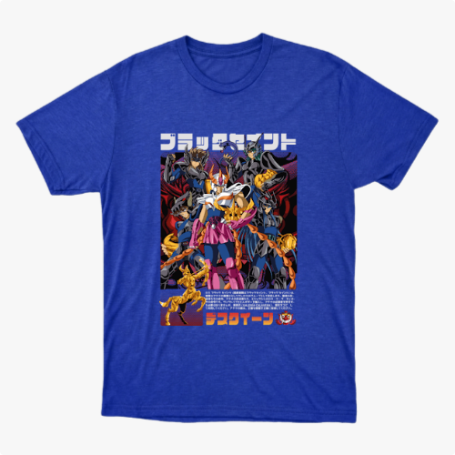 Camiseta com estampa frontal de um grupo de personagens em pose destemida, cercados por figuras sombrias e texto em estilo japonês na parte superior e inferior.