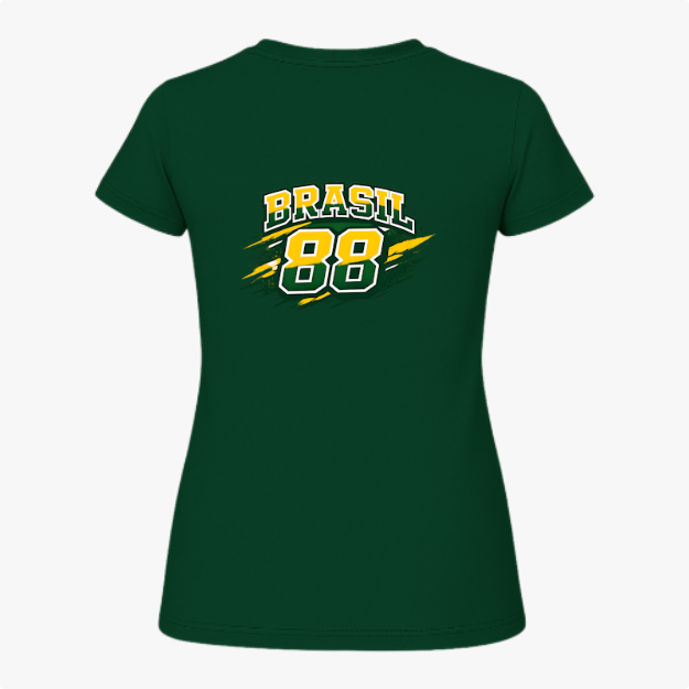 Camiseta com estampa frontal de "Rawbeat 88" em estilo esportivo dinâmico e estampa traseira de "Brasil 88" com mesmo estilo impactante.