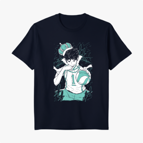 Camiseta com estampa frontal de jogador de vôlei segurando bola, com expressão concentrada, usando uniforme esportivo e uma coroa estilizada na cabeça.