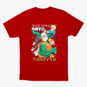 Camiseta com estampa frontal de dois personagens em estilo anime, um segurando café e outro apontando, com texto em japonês e inglês acima e abaixo.