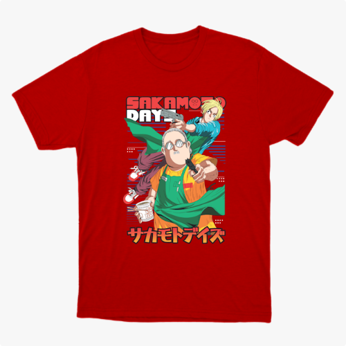 Camiseta com estampa frontal de dois personagens em estilo anime, um segurando café e outro apontando, com texto em japonês e inglês acima e abaixo.