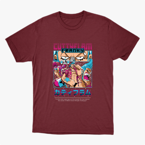 Camiseta com estampa frontal de ilustração em estilo anime, apresentando personagem com pose dinâmica, letras coloridas acima e inscrições japonesas abaixo.