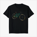 Camiseta com estampa frontal de bicicleta detalhada, exibindo um design técnico com diferentes componentes e traços meticulosos nas rodas e quadro.