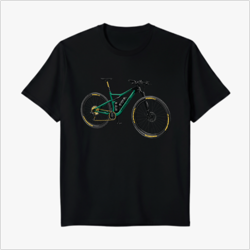 Camiseta com estampa frontal de bicicleta detalhada, exibindo um design técnico com diferentes componentes e traços meticulosos nas rodas e quadro.
