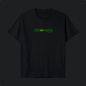 Camiseta com estampa frontal de "ORDEM E PROGRESSO" dentro de um retângulo e símbolo central, e estampa traseira com a mesma frase sobre bandeira estilizada.