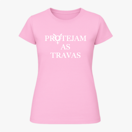 Camiseta com estampa frontal de texto estilizado "PROTEJAM AS TRAVAS", acompanhada de um símbolo gráfico centralizado entre as palavras.