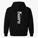 Moletom com estampa frontal de formas geométricas e texto "Kuarup Xingu" e estampa traseira com texto vertical "Kuarup".