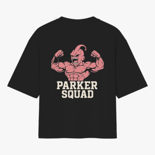 Camiseta com estampa frontal de iniciais estilizadas "TK" e estampa traseira de personagem musculoso com braços erguidos acima do texto "Parker Squad".