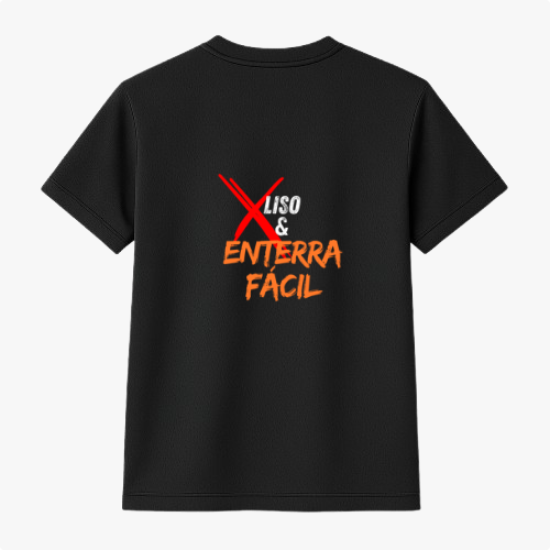 Camiseta com estampa frontal de bola de basquete e cesta, acompanhada da palavra "BIDO" estilizada verticalmente, e estampa traseira com a mensagem "X LISO & ENTERRA FÁCIL".
