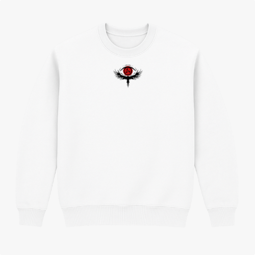 Moletom com estampa frontal de olho com asas em estilo dark e estampa traseira de ilustração abstrata com faces e olhos, acompanhada de texto artístico.
