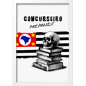 Quadro com estampa frontal de caveira sobre pilha de livros, bandeira estilizada com mapa do Brasil e texto "CONCURSEIRO PREPARADO" em destaque.