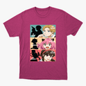 Camiseta com estampa frontal de três painéis mostrando silhuetas e personagens, com textos: "A Spy", "The Father", "Telepath", "The Daughter", "An Assassin", "The Mother".