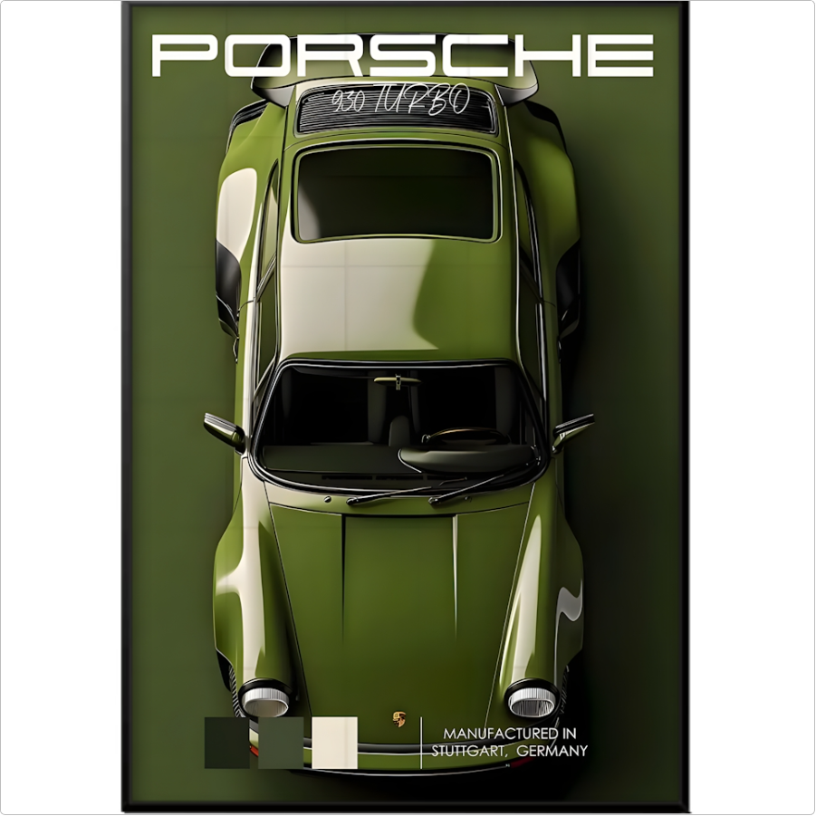 Quadro com estampa frontal de carro esportivo visto de cima, acompanhado pelo texto "Porsche 930 Turbo" no topo e "Manufactured in Stuttgart, Germany" na base.