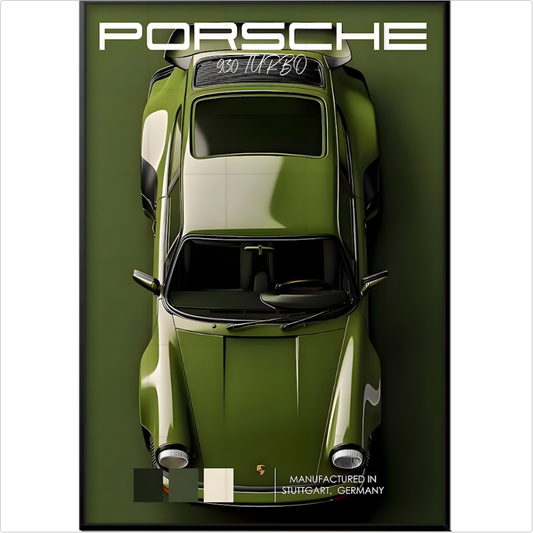 Quadro com estampa frontal de carro esportivo visto de cima, acompanhado pelo texto "Porsche 930 Turbo" no topo e "Manufactured in Stuttgart, Germany" na base.
