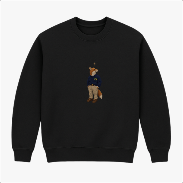 Moletom com estampa frontal de uma raposa vestida como humano, usando suéter e calças, olhando para uma estrela sobre sua cabeça.