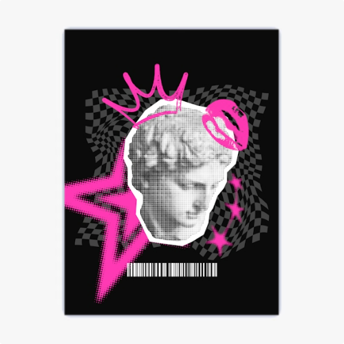 Quadro com estampa frontal de busto clássico sobre fundo de padrão quadriculado, detalhes em arte pop rosa, coroa, estrela e código de barras.