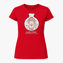 Camiseta com estampa frontal de uma figura estilizada dentro de um balão de laboratório, rodeada por símbolos científicos e a inscrição "Marie Curie Radiochemistry Pioneer".