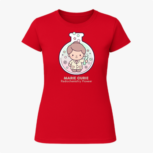 Camiseta com estampa frontal de uma figura estilizada dentro de um balão de laboratório, rodeada por símbolos científicos e a inscrição "Marie Curie Radiochemistry Pioneer".