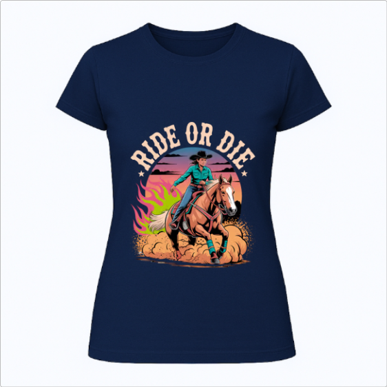 Camiseta com estampa frontal de cowboy montado em cavalo, fundo de pôr do sol com chamas verdes e a frase "Ride or Die" em destaque.
