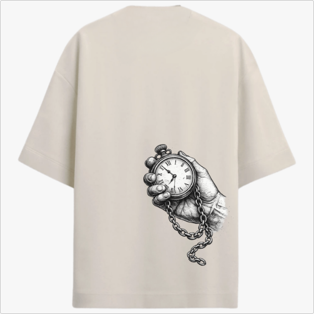 Camiseta com estampa frontal de "KRJ" estilizado e estampa traseira de mão segurando relógio de bolso com corrente detalhada.