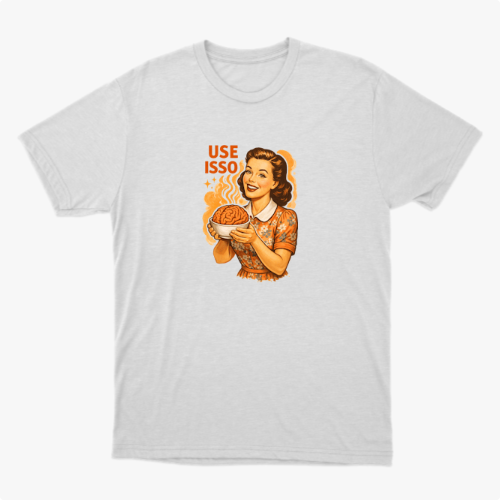 Camiseta com estampa frontal de ilustração retrô de mulher sorridente segurando uma espiral hipnótica, acompanhada da frase "USE ISSO".