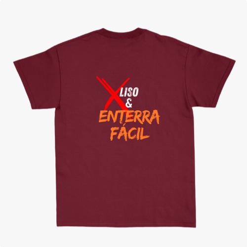 Camiseta com estampa frontal de símbolo de basquete com palavras associadas e estampa traseira de texto com destaque para "Liso & Enterra Fácil".