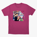 Camiseta com estampa frontal de diversos personagens de anime alinhados, exibindo expressões variadas, alguns com adereços únicos e poses dinâmicas.