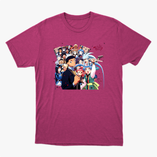 Camiseta com estampa frontal de diversos personagens de anime alinhados, exibindo expressões variadas, alguns com adereços únicos e poses dinâmicas.