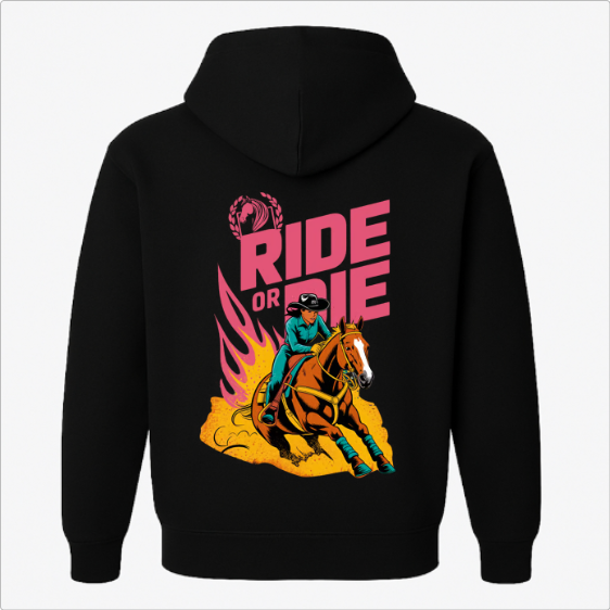 Moletom com estampa frontal de cavalo dentro de folhas e estampa traseira de cavaleiro em ação com cavalo, chamas laranja e texto "RIDE OR DIE".