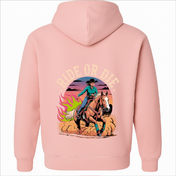 Moletom com estampa frontal de cavalo em um escudo cercado por ramos e estampa traseira de cowboy e cavalo em ação, com "RIDE OR DIE" em destaque.