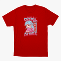 Camiseta com estampa frontal de ilustração de garota de cabelo azul e textos estilizados “Just a girl who loves anime” em fonte desenhada e moderna.
