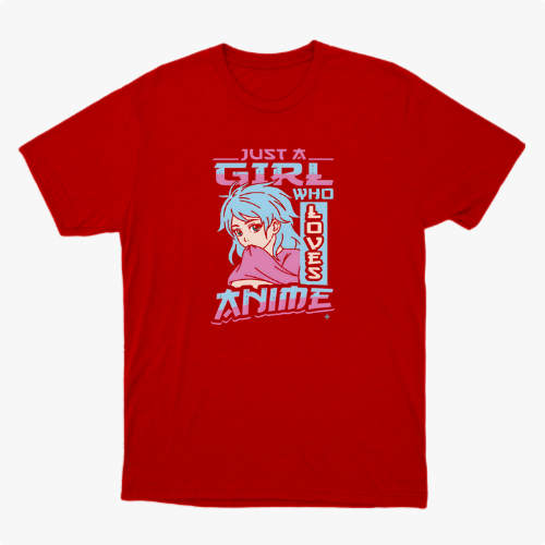 Camiseta com estampa frontal de ilustração de garota de cabelo azul e textos estilizados “Just a girl who loves anime” em fonte desenhada e moderna.
