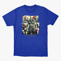Camiseta com estampa frontal de um guerreiro musculoso em quadrantes, junto a um navio viking, escudo, espadas e texto "TRION BODYBUILDER".