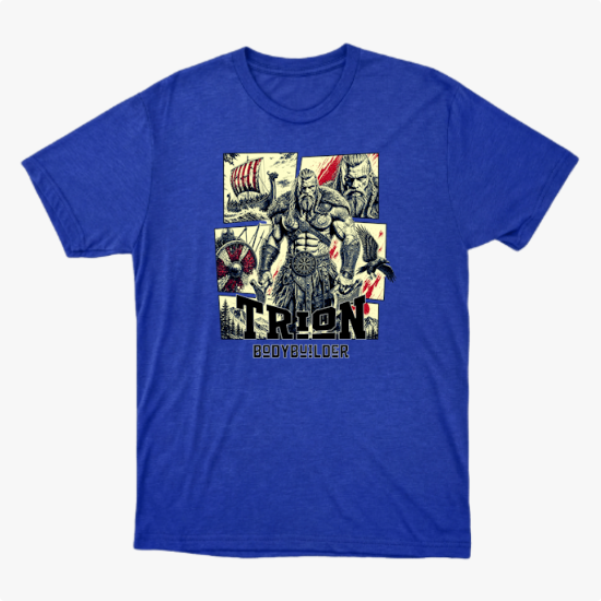 Camiseta com estampa frontal de um guerreiro musculoso em quadrantes, junto a um navio viking, escudo, espadas e texto "TRION BODYBUILDER".